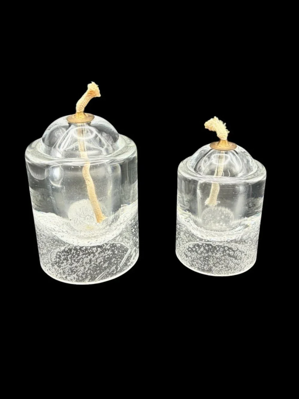 VTG Unique Bullicante Elegant Art Glass Oil Lamp Set Clear Bubble Glass Pair